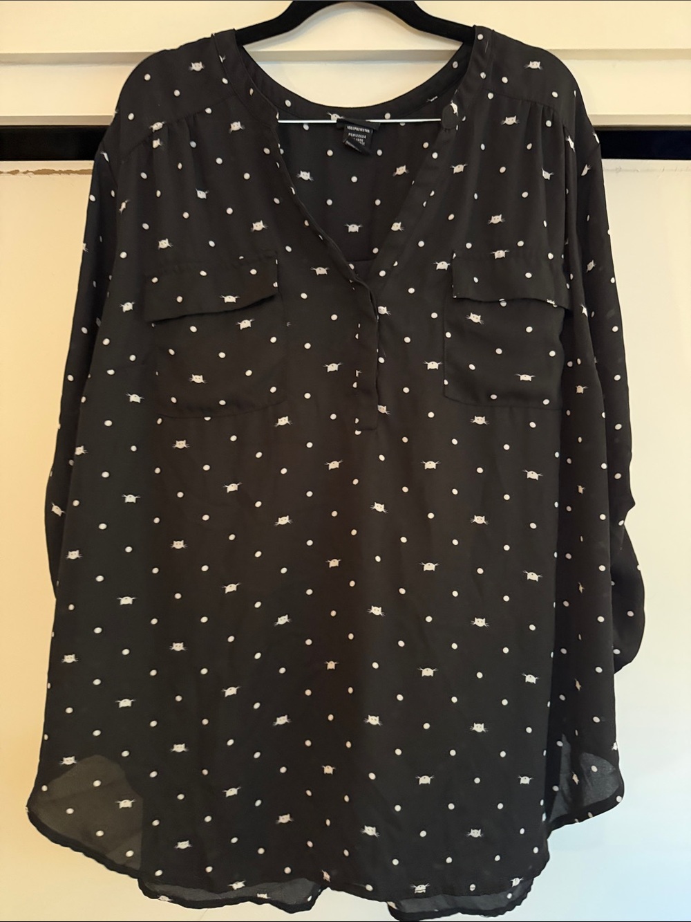 torrid Black Polka Dot Cat Button-Front Longsleeve Blouse